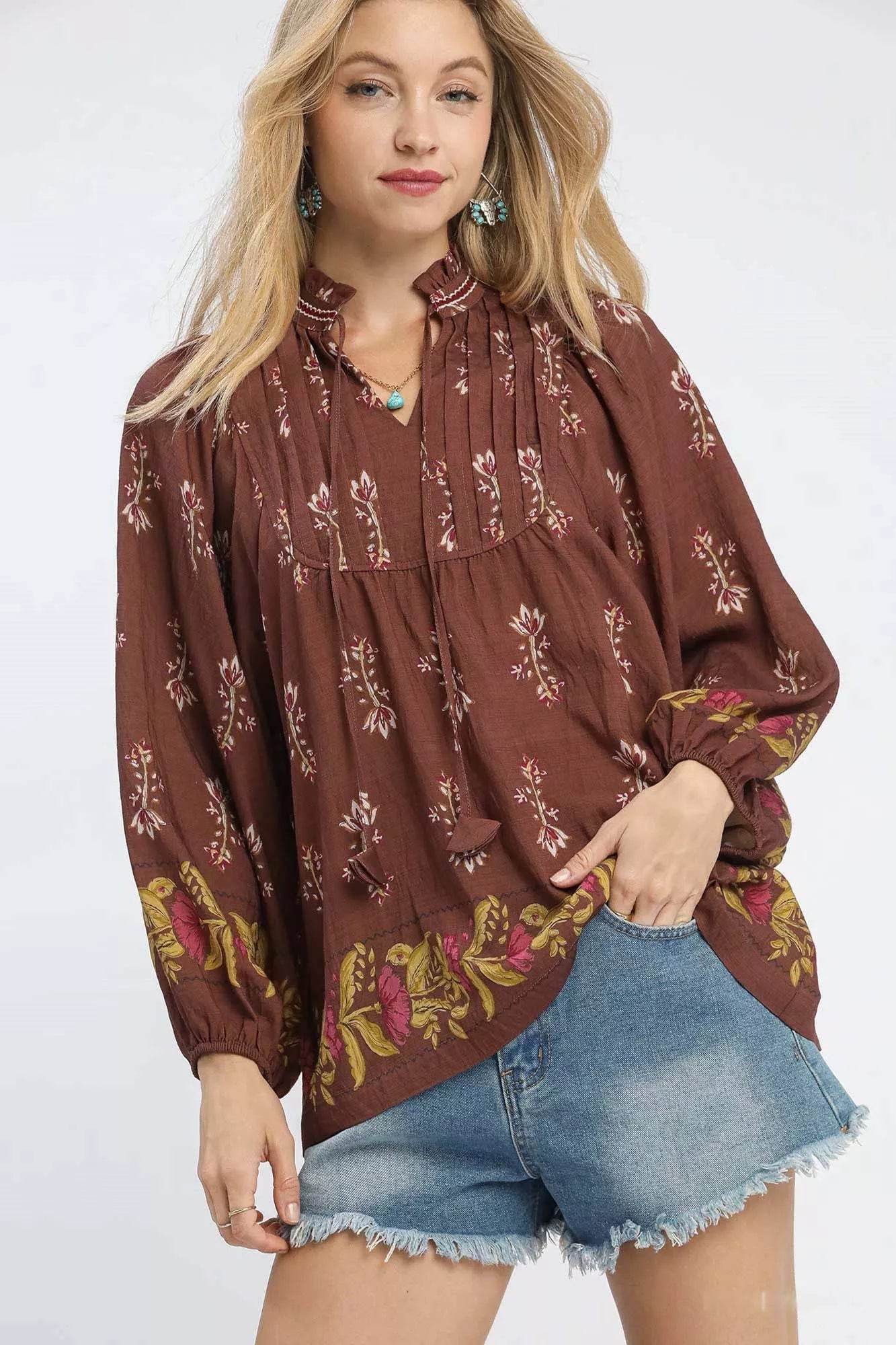 Umgee Floral Boho Peasant Blouse - ELY VESSA LLC