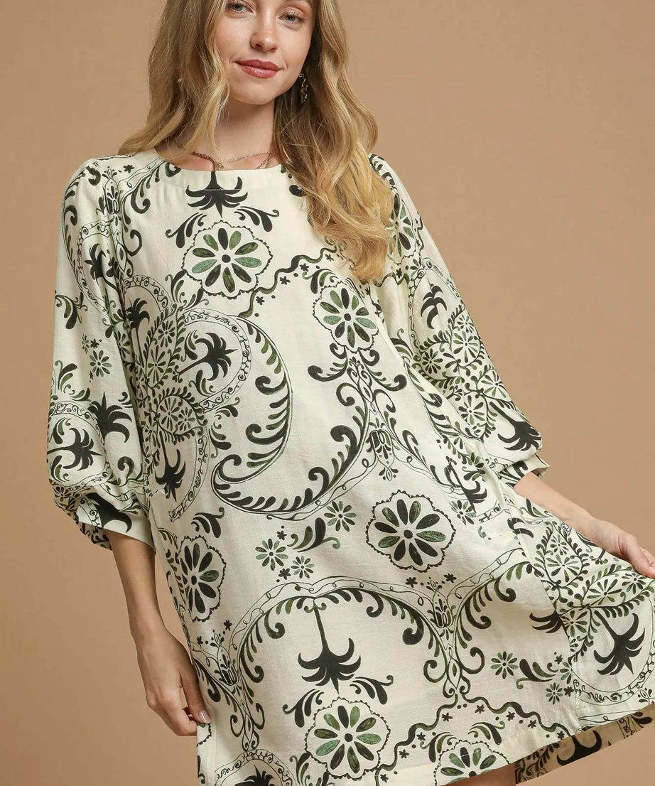 Umgee Boho Printed Balloon Sleeve Mini Dress - ELY VESSA LLC