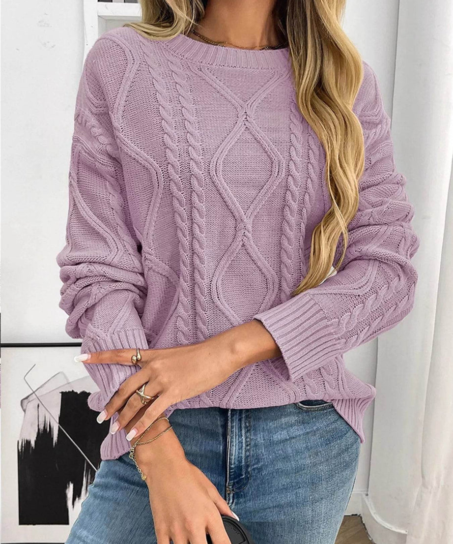 Cable Knit Round Neck Long Sleeve Sweater - ELY VESSA LLC