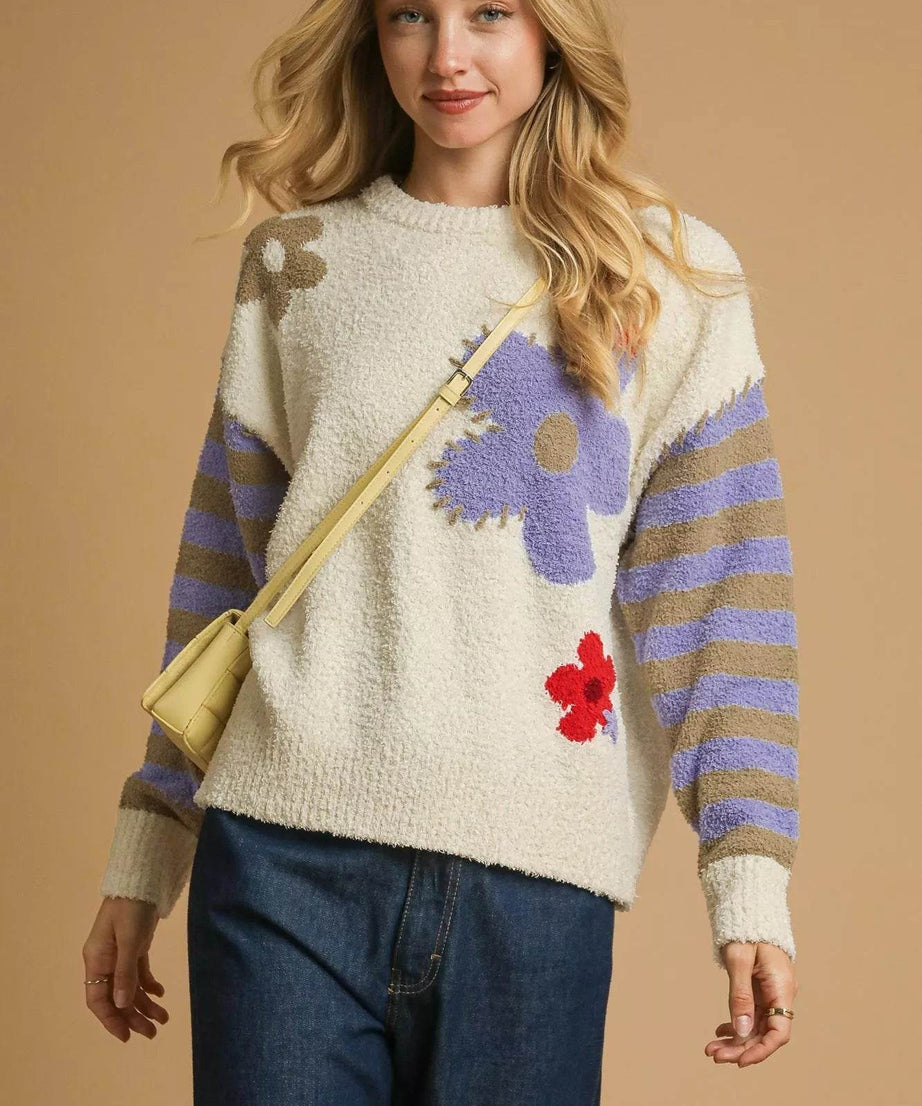 Umgee Flower Jacquard Striped Long Sleeve Sweater - ELY VESSA LLC