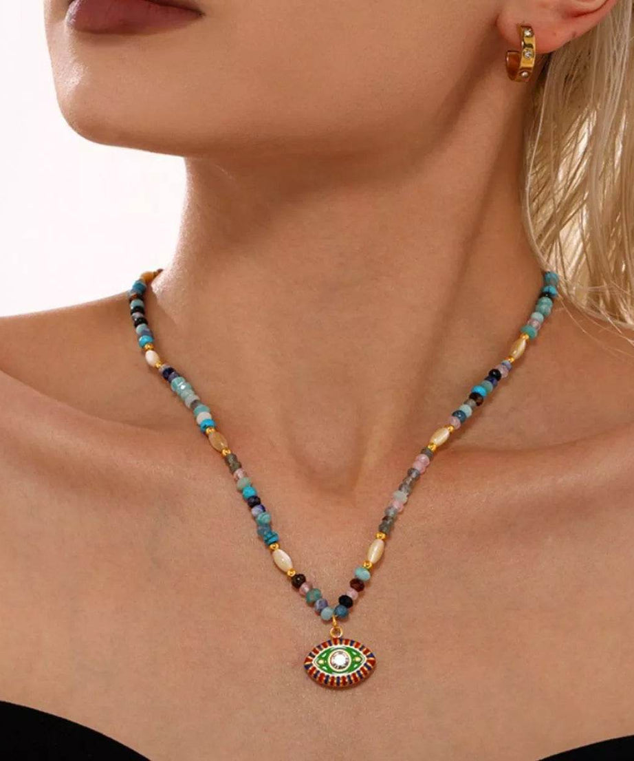 Zircon Bead Evil Eye Pendant Necklace - ELY VESSA LLC