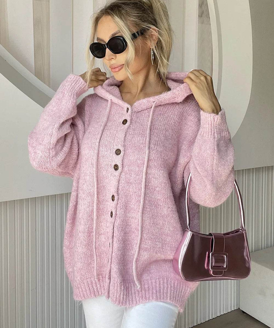 Drawstring Button Down Hooded Cardigan - ELY VESSA LLC