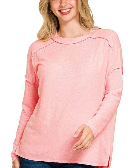 Zenana Full Size Melange Hacci Exposed Seam Hi-low Tee Plus Size - ELY VESSA LLC