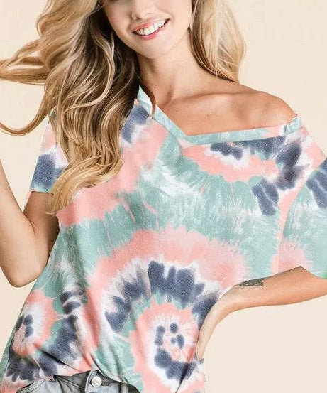 BiBi Tie Dye Print Terry V Neck Short Sleeve Top - ELY VESSA LLC
