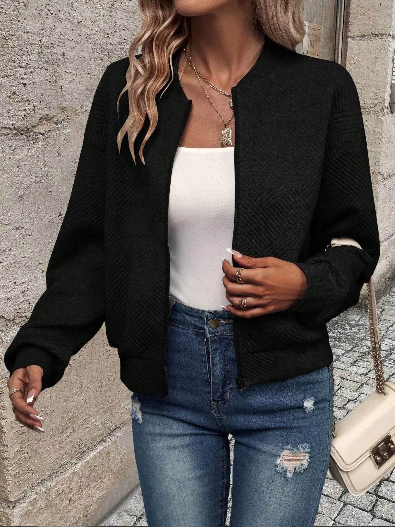 Zip-Up Textured Long Sleeve Jacket - ELY VESSA LLC