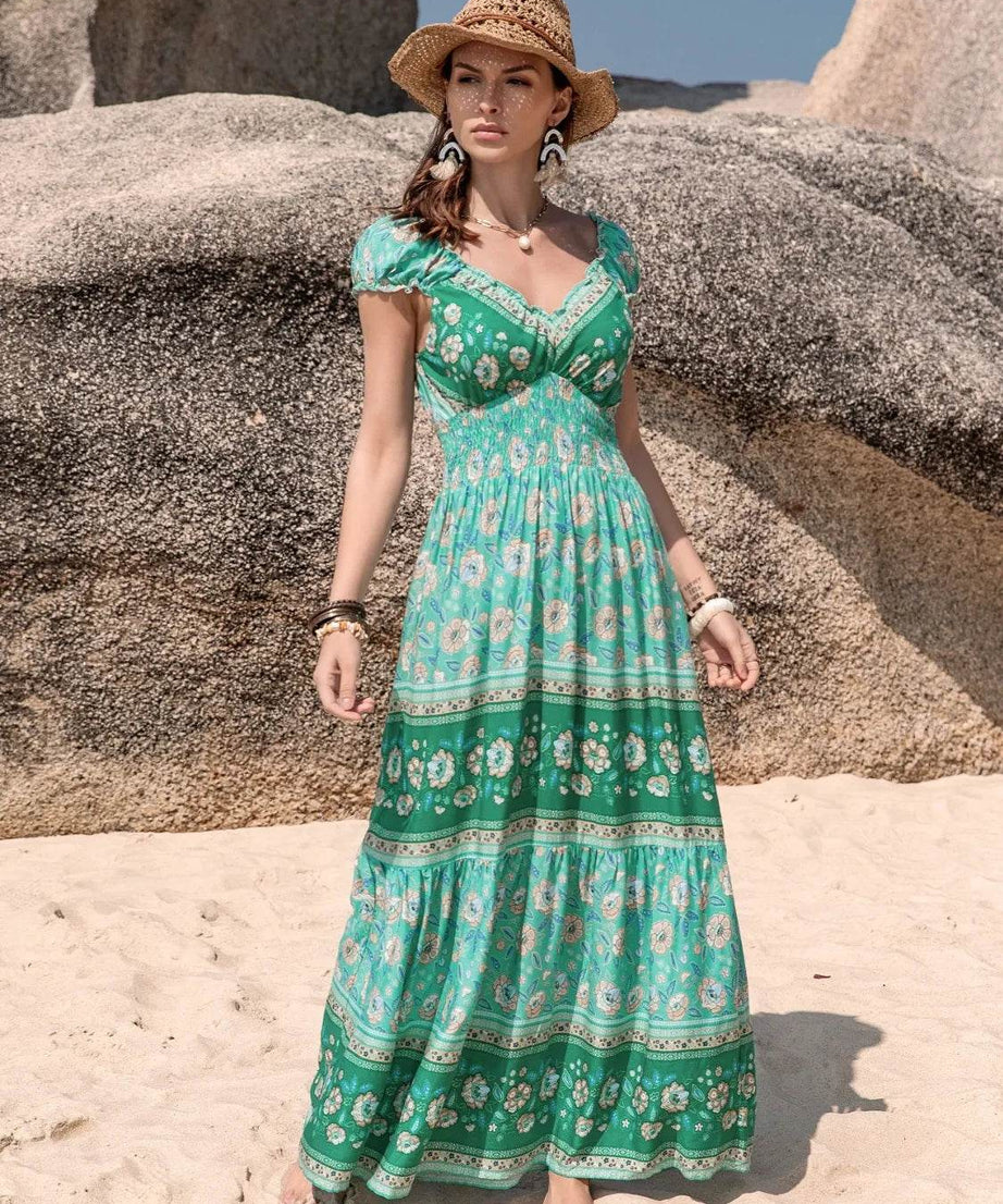 Smocked Printed V-Neck Dress - ELY VESSA LLC
