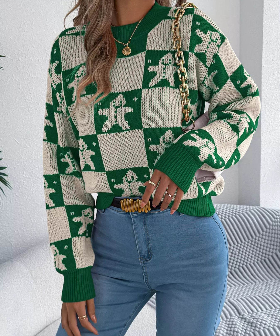 Christmas Checkerboard Gingerbread Round Neck Sweater - ELY VESSA LLC