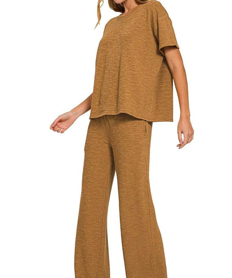 Zenana Slub Short Sleeve T-Shirt and Pants Set - ELY VESSA LLC