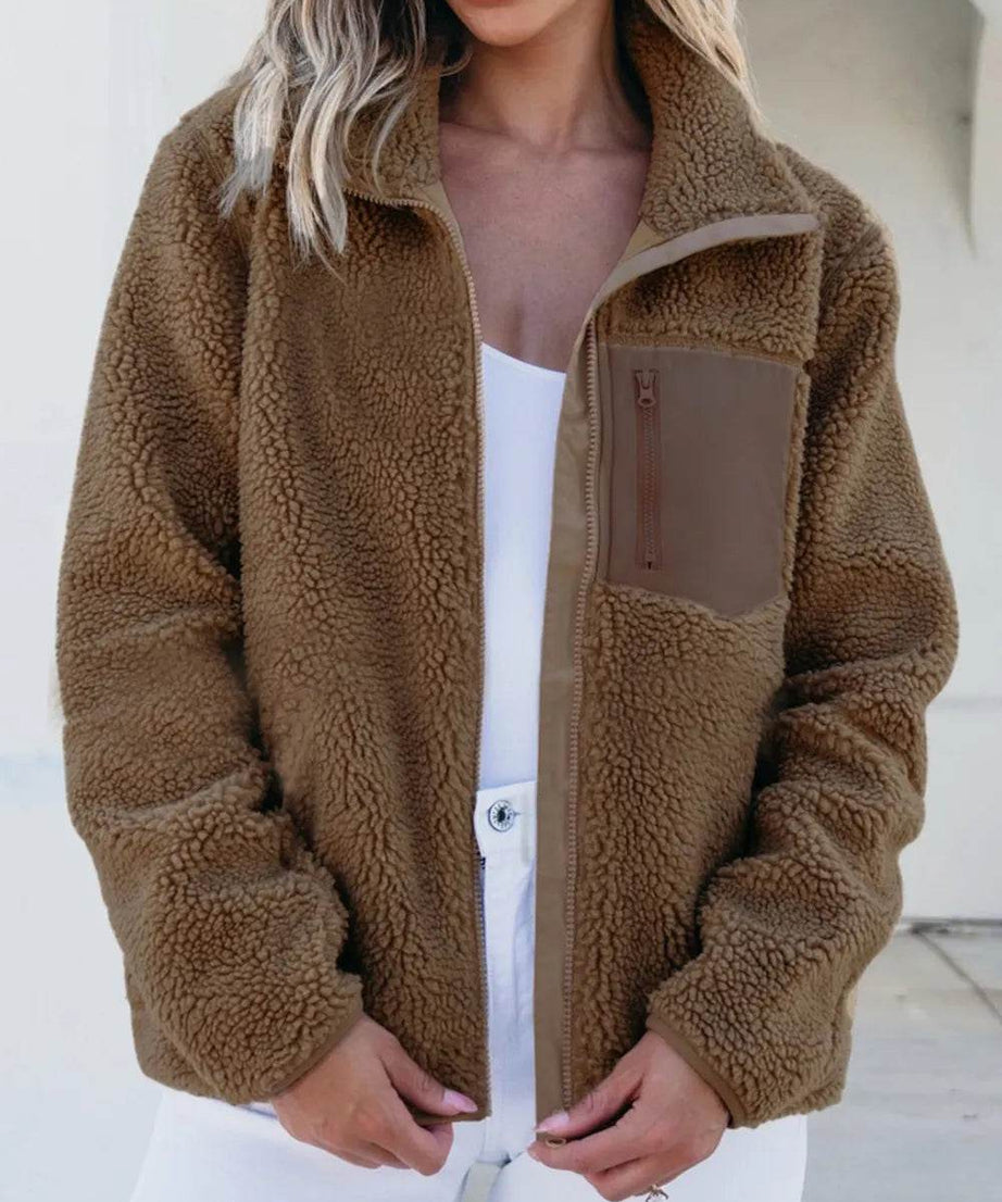 Zip Up Long Sleeve Plush Jacket - ELY VESSA LLC