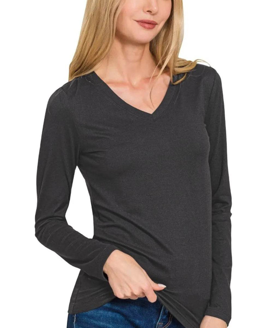Zenana Brushed Microfiber Long Sleeve V-neck Tee - ELY VESSA LLC