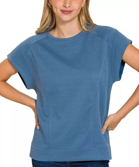 Zenana Textured Knit Jacquard Short Sleeve Top - ELY VESSA LLC