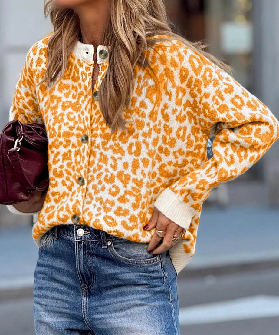 Leopard Drop Shoulder Chunky Knitted Cardigan - ELY VESSA LLC