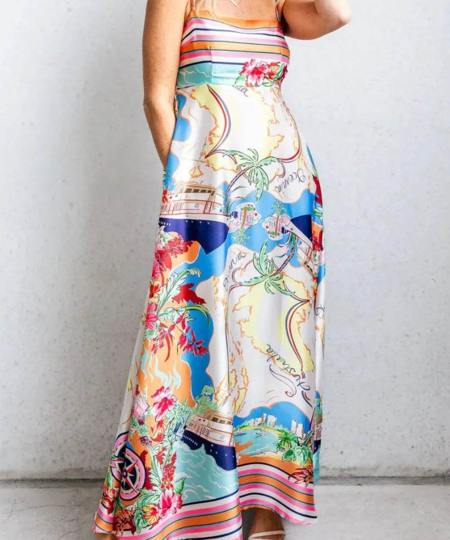 Smocked Back Printed Square Neck Maxi Cami Dress with Pockets - ELY VESSA LLC