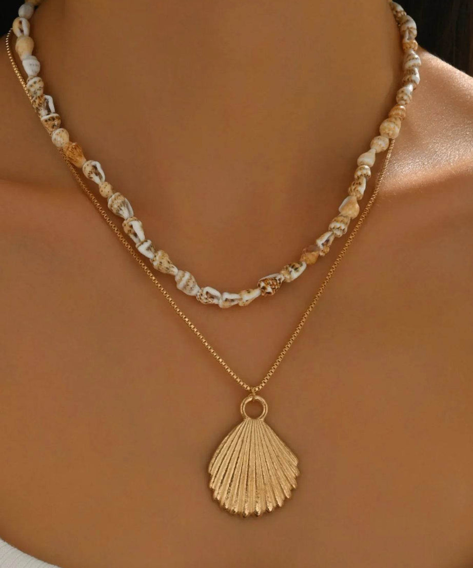 18K Gold-Plated Shell Layered Shell Pendant Necklace - ELY VESSA LLC