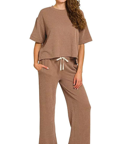 Zenana Raised Rib Short Sleeve Tee & Pants Set - ELY VESSA LLC