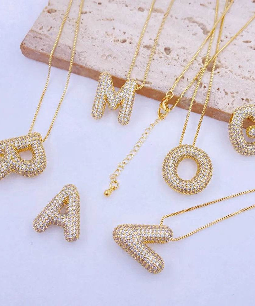 Inlaid Zircon Bubble Initial Necklace - ELY VESSA LLC