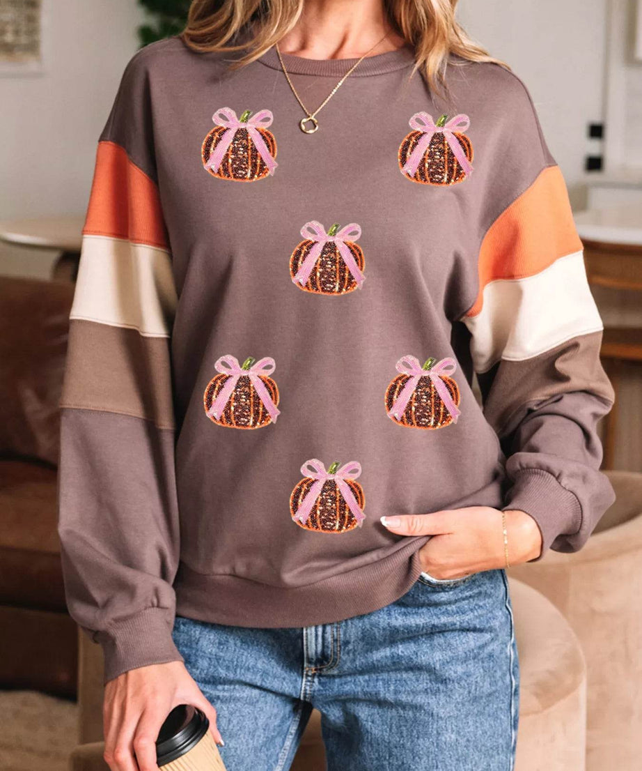 Sequin Bow Pumpkin Round Neck Sweatshirt - ELY VESSA LLC