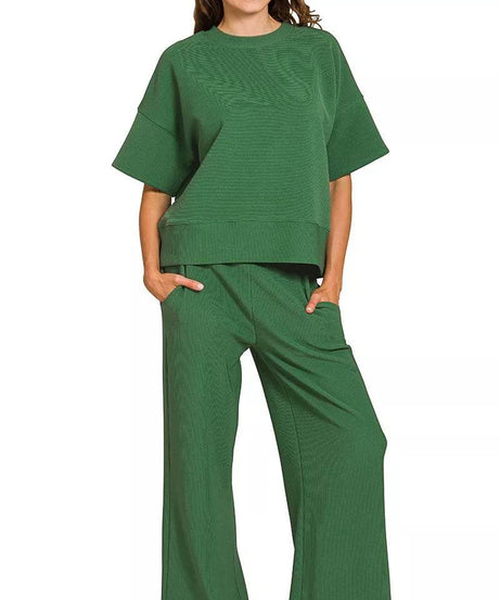 Zenana Ribbed Round Neck Tee & Pants Set - ELY VESSA LLC