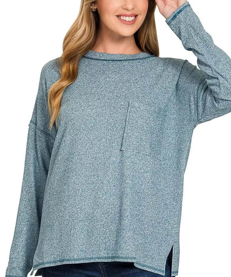 Zenana Soft Melange Hacci Round-Neck Long Sleeve T-Shirt - ELY VESSA LLC