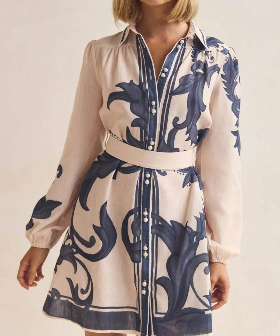 Printed Long Sleeve Shirt Dress - ELY VESSA LLC