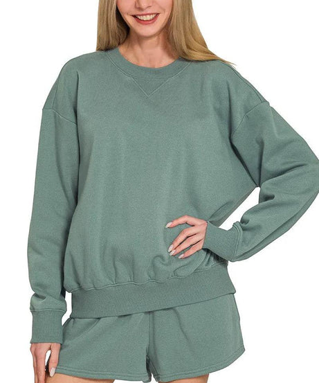 Zenana Fleece Long Sleeve Sweatshirts & Shorts Set - ELY VESSA LLC