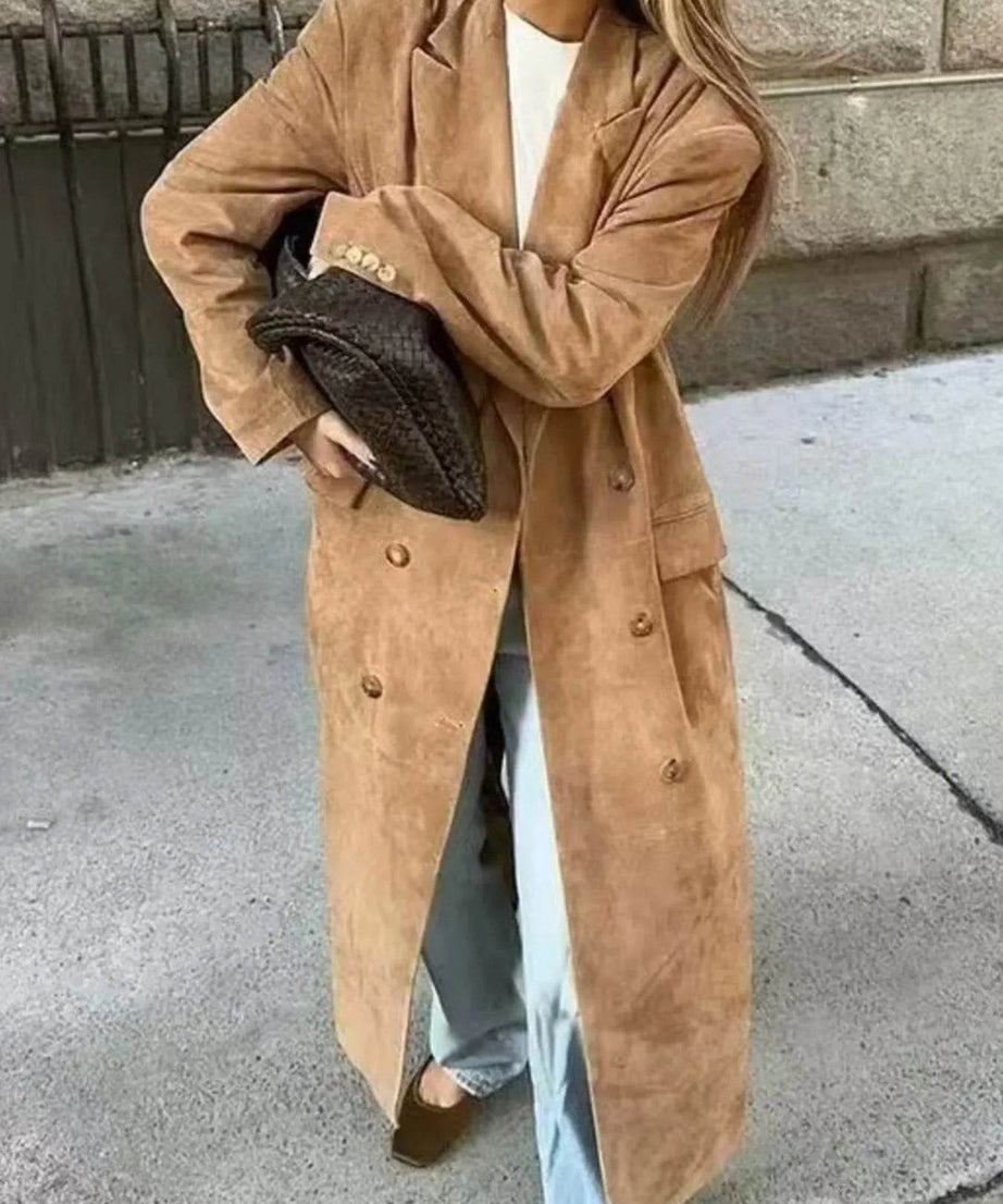 Double-Breasted Lapel Collar Long Coat - ELY VESSA LLC