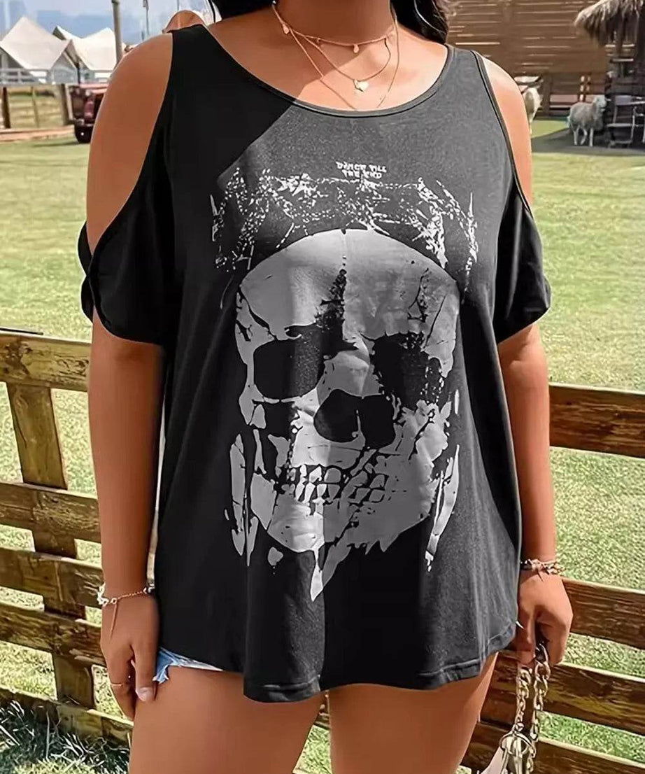 Plus Size Skeleton Graphic Round Neck Cold Shoulder T-Shirt - ELY VESSA LLC