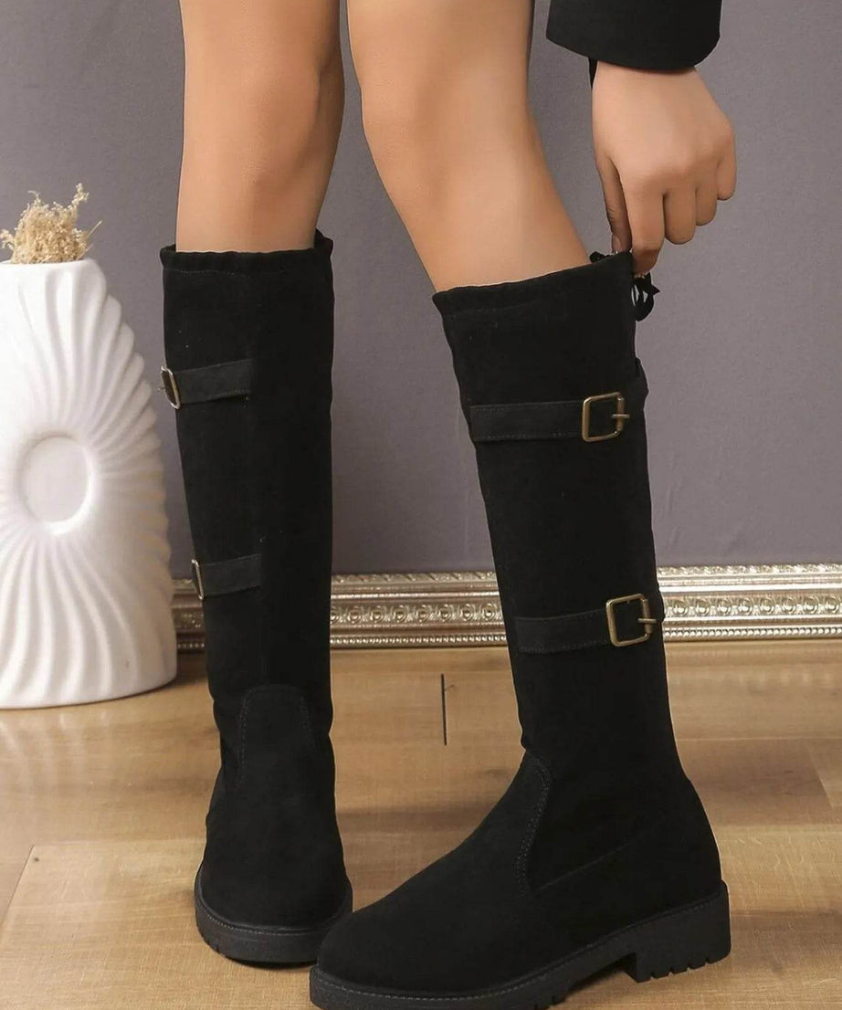 Suede Knee-High Combat Boots with Double Buckle Straps - ELY VESSA LLC
