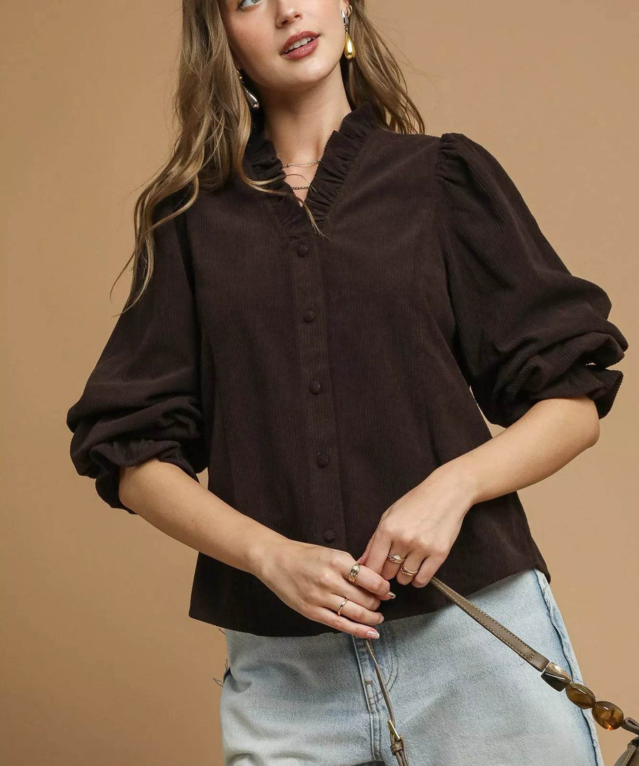 Umgee Corduroy Ruffle Shirt with Long Puff Sleeves - ELY VESSA LLC