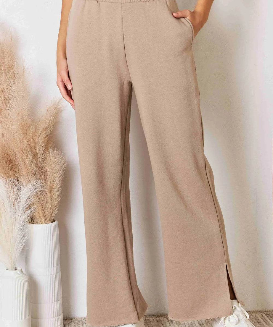 RISEN Wide Waistband Slit Wide Leg Pants - ELY VESSA LLC