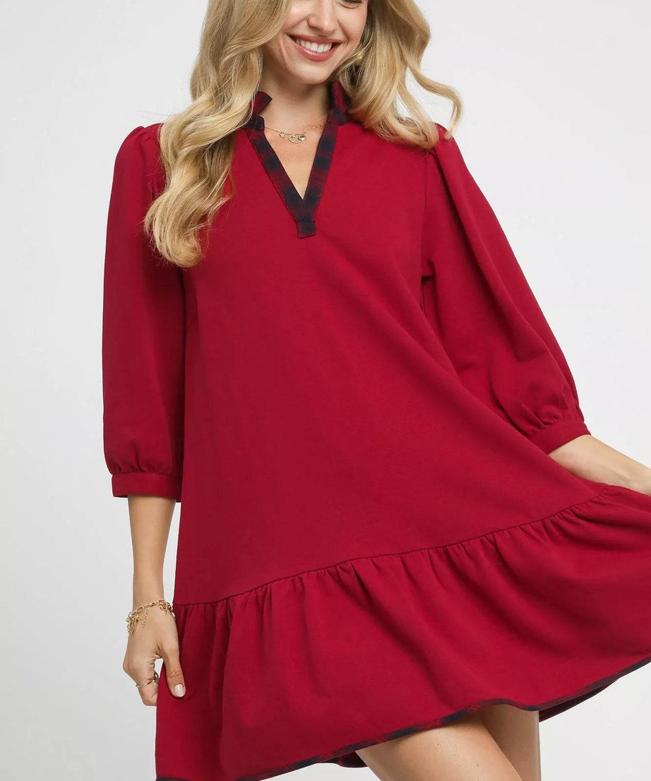 Umgee French Terry Ruffle Hem Dress with Plaid Trim - ELY VESSA LLC