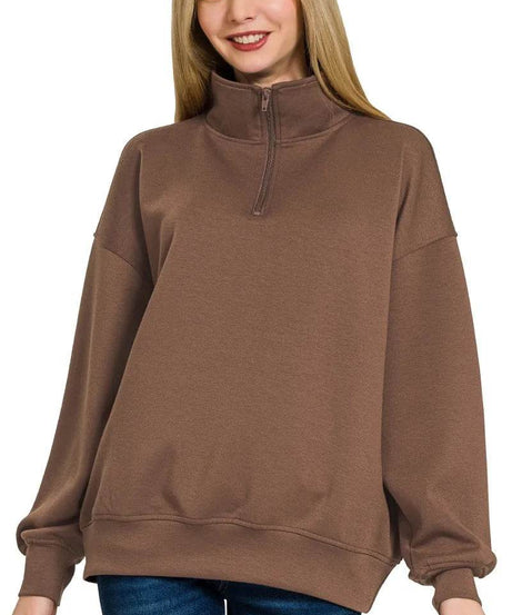 Zenana Scuba Quarter-Zip Sweatshirt - ELY VESSA LLC
