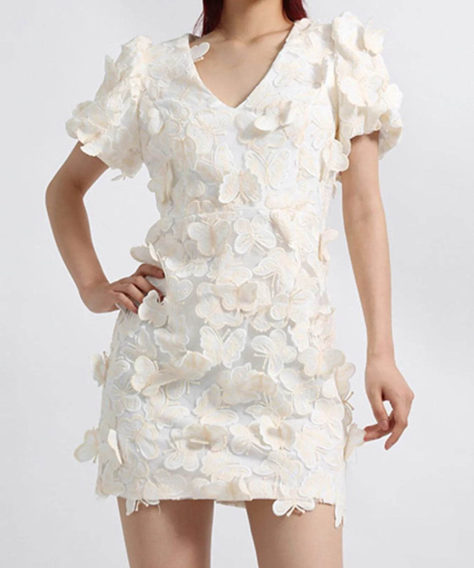 Butterfly V-Neck Puff Sleeve Mini Dress - ELY VESSA LLC