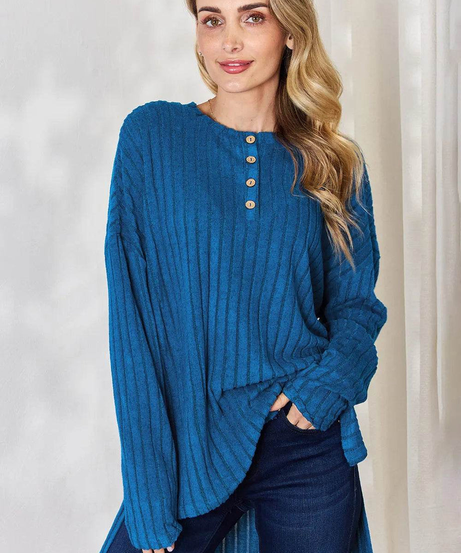 Basic Bae Full Size Ribbed Half Button Long Sleeve High-Low T-Shirt - ELY VESSA LLC