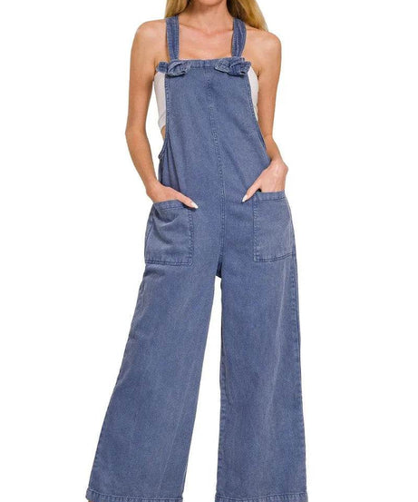 Zenana Washed Knot Strap Pockets Jumpsuit - ELY VESSA LLC