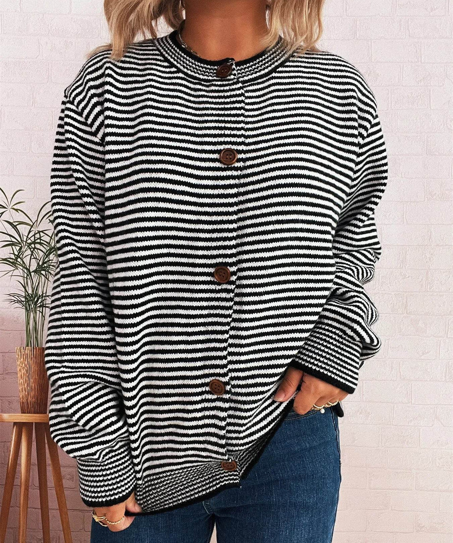 Striped Button Up Long Sleeve Cardigan - ELY VESSA LLC