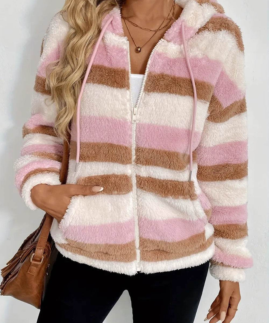 Drawstring Striped Zip Up Hooded Jacket - ELY VESSA LLC