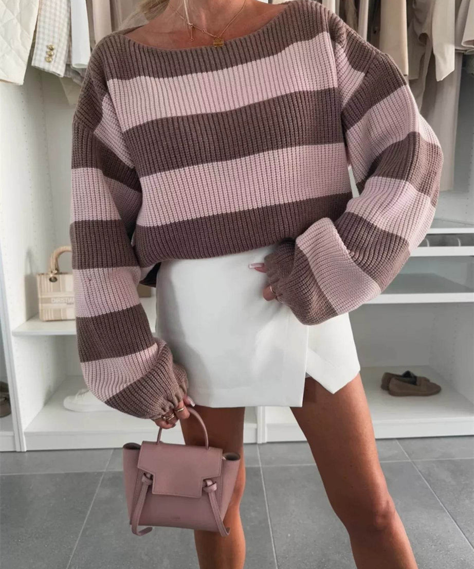 Contrast Striped Long Sleeve Sweater - ELY VESSA LLC
