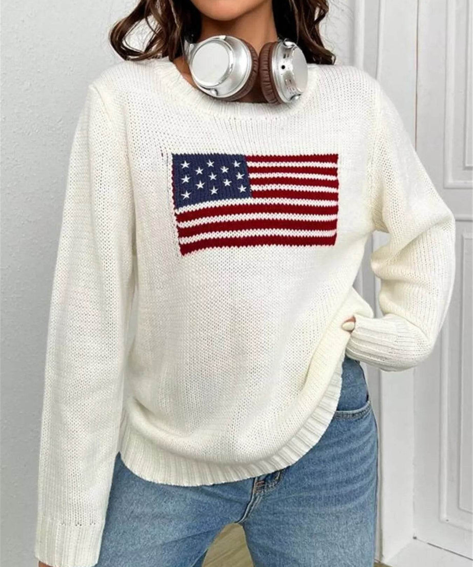 US Flag Round Neck Long Sleeve Sweater - ELY VESSA LLC