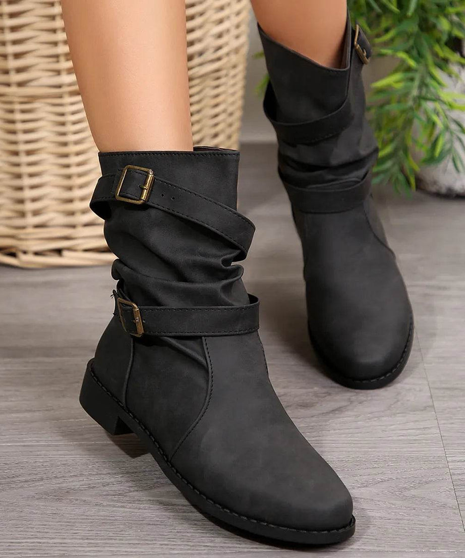Mid-Calf Buckle Strap Boots - ELY VESSA LLC