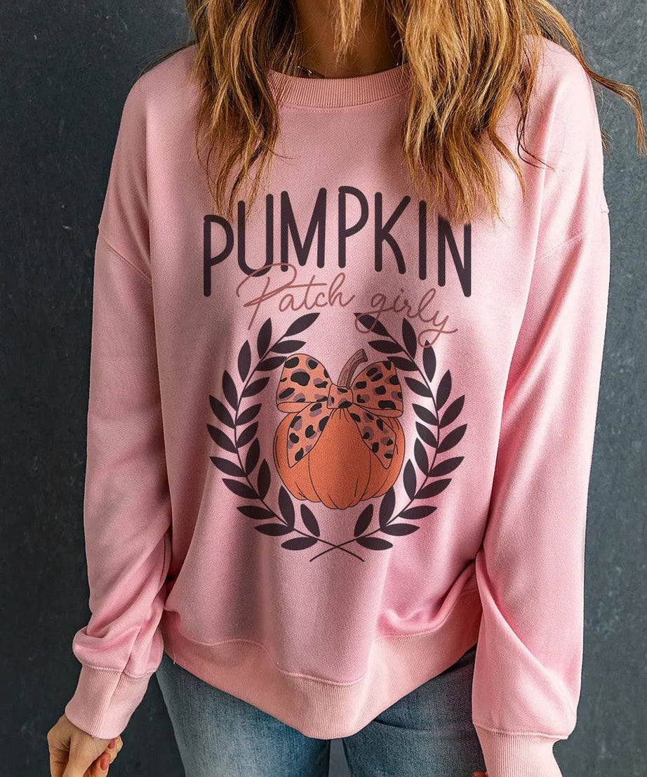 Pumpkin Round Neck Long Sleeve Sweatshirt - ELY VESSA LLC