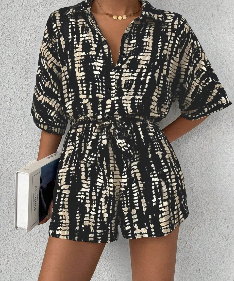 Tie Dye Print Collar Neck Short Sleeve Romper - ELY VESSA LLC