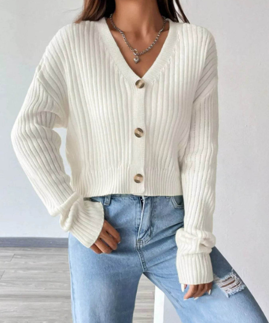 V-Neck Button-Up Cardigan - ELY VESSA LLC