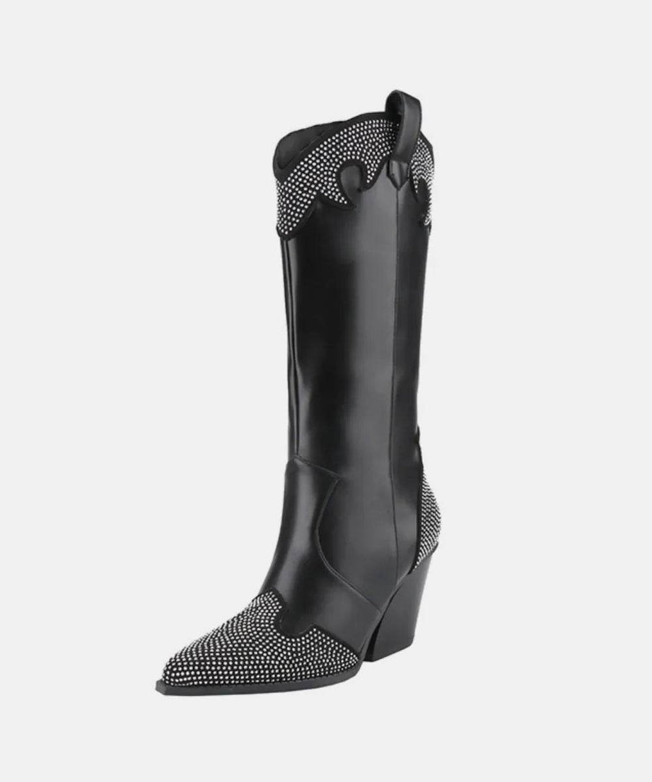 Weeboo Chunky Heel Rhinestone Decor Western Boots - ELY VESSA LLC