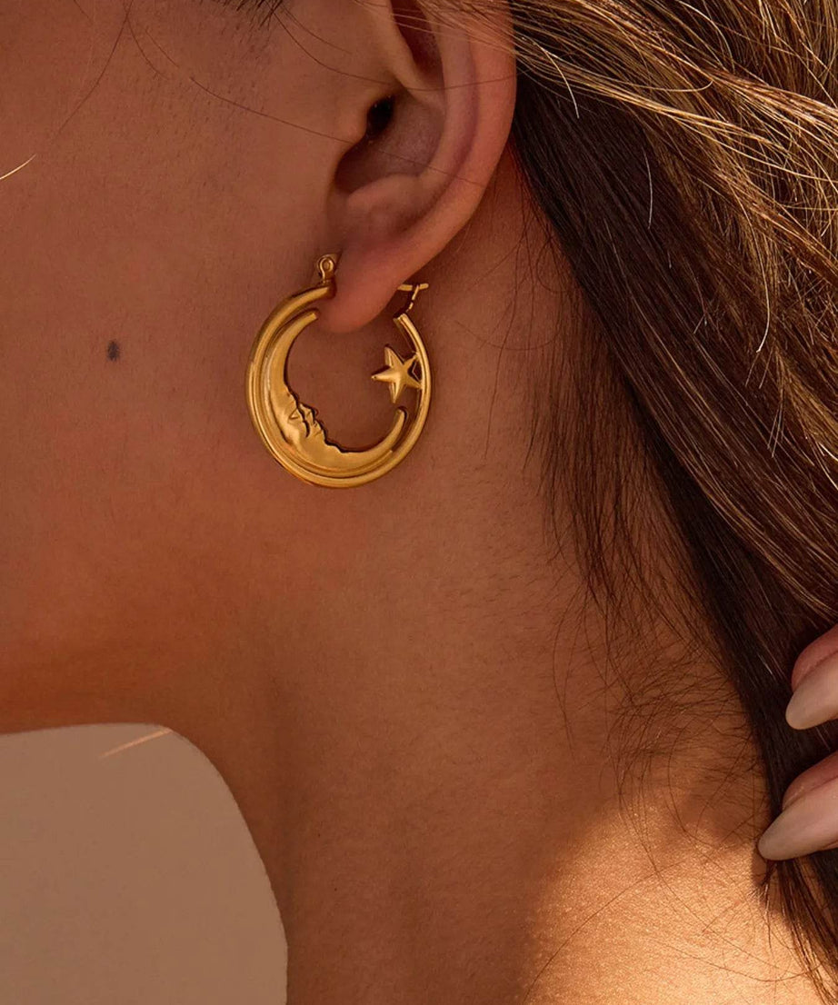 18K Gold-Plated Crescent Moon Star Hoop Earrings - ELY VESSA LLC