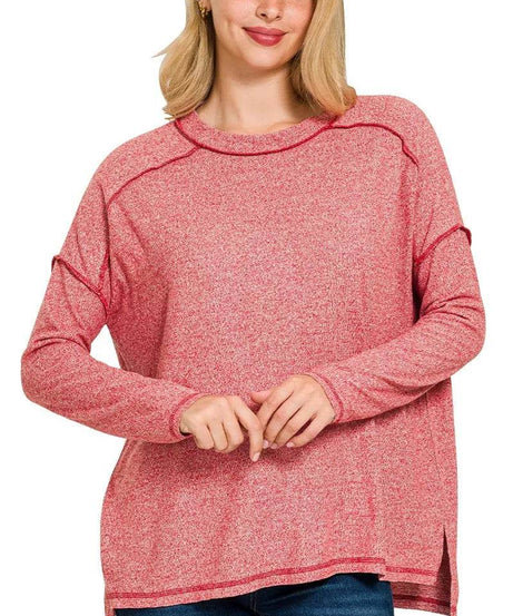 Zenana Full Size Melange Hacci Exposed Seam Hi-low Tee Plus Size - ELY VESSA LLC