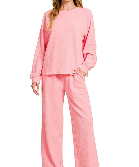 Zenana Slub Long Sleeve Top and Pants Lounge Set - ELY VESSA LLC