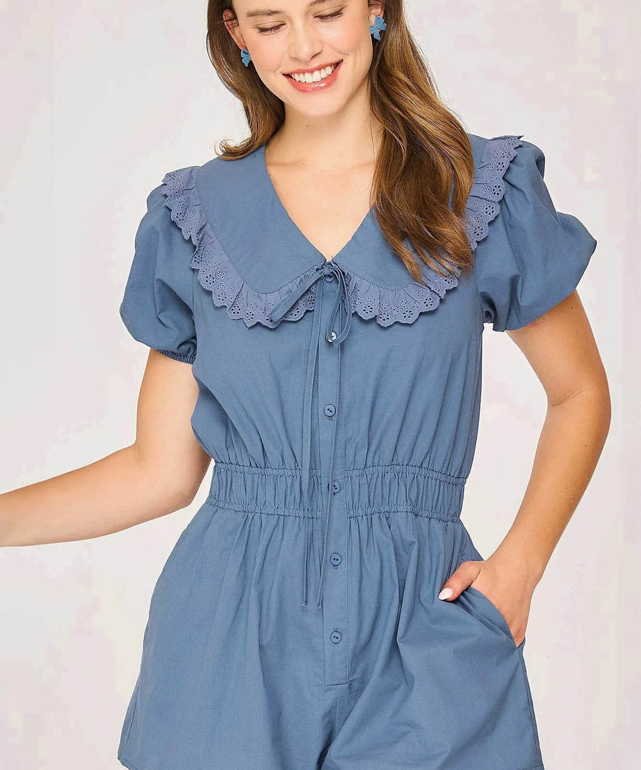 Umgee Collared Short Sleeve Button Down Romper - ELY VESSA LLC