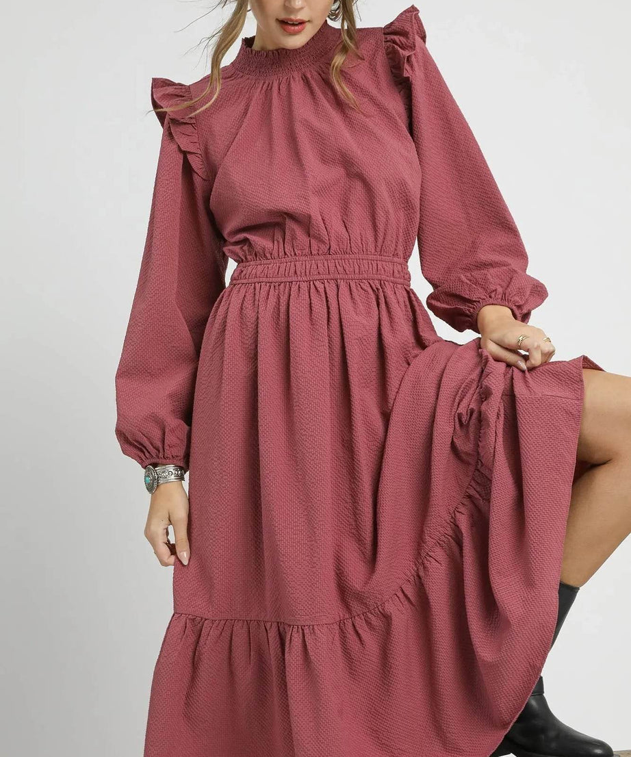 Umgee Textured Midi Dress with Ruffle Shoulder Detail - ELY VESSA LLC