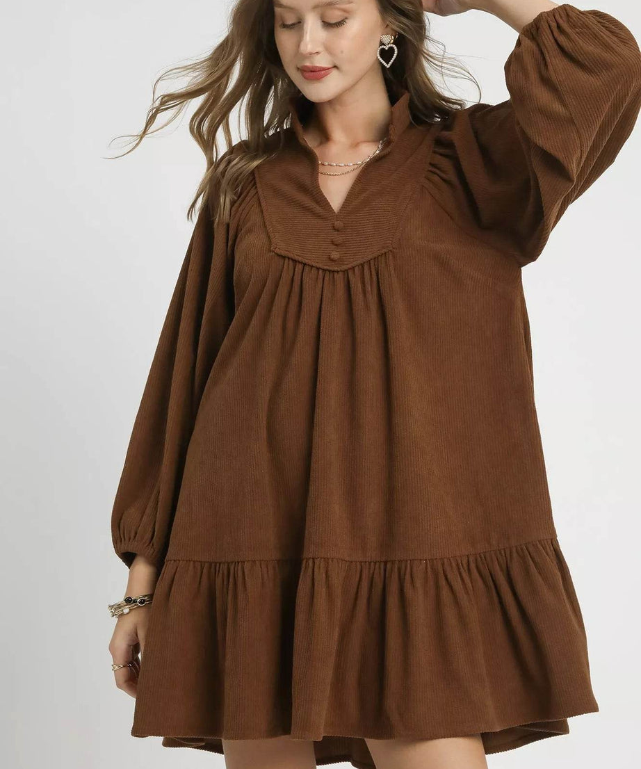 Umgee Corduroy Tiered Babydoll Dress - ELY VESSA LLC